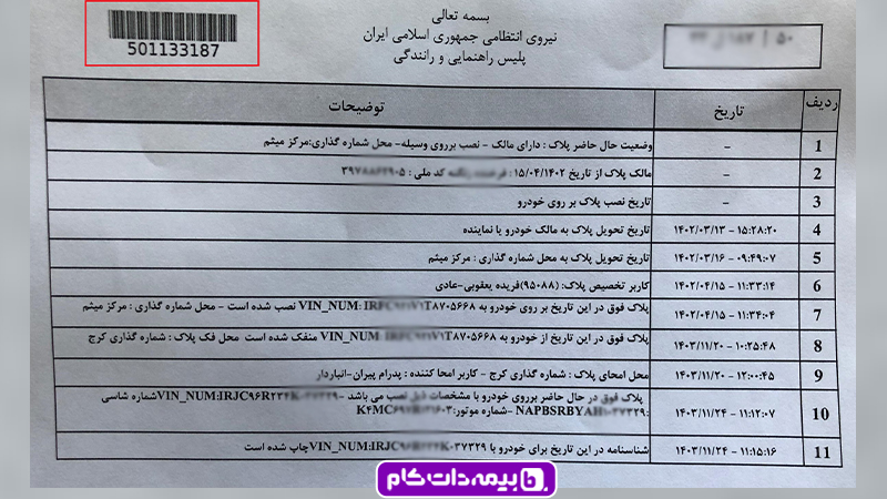 تصویر تاریخچه پلاک خودرو به همراه کد رهگیری، سوابق مالکیت و وضعیت نصب یا فک پلاک