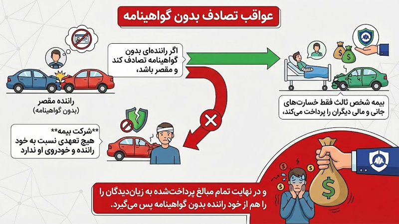 عواقب تصادف بدون گواهینامه برای راننده مقصر